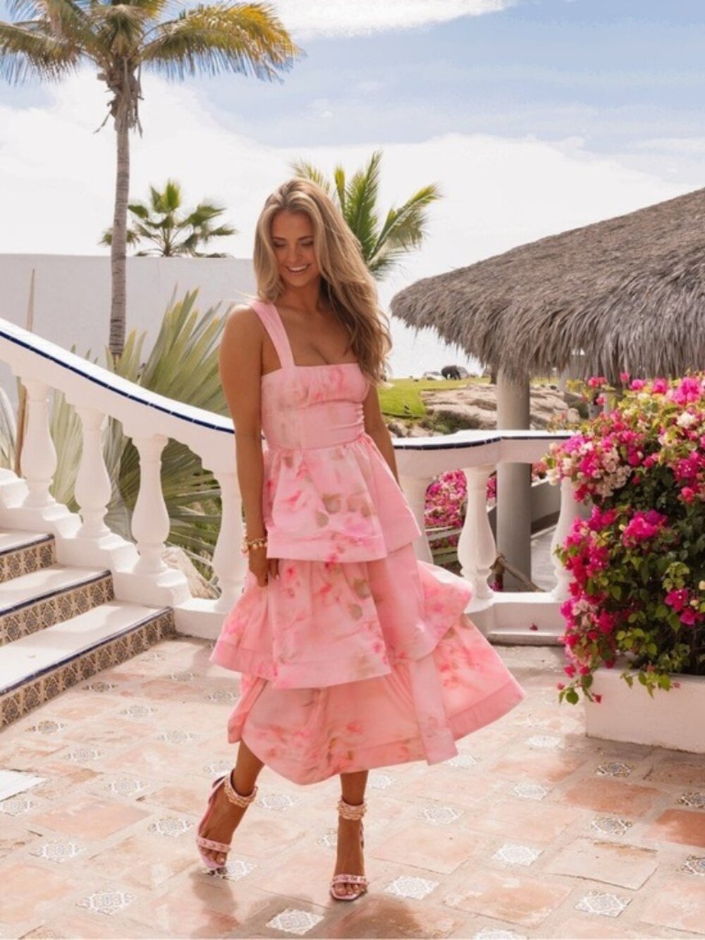Gianni Bini X Shea Leigh Mills Dolly Dress Feminine Floral Tiered Coquette Pink
